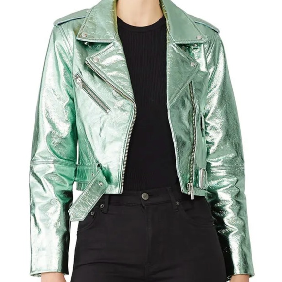 Veda Metallic Mint Green Cropped Leather Biker Jacket | New Without Tags - Picture 2 of 9